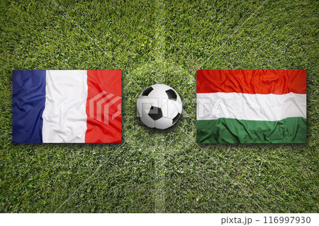 France vs. Hungary flags on soccer field France vs. Hungary flags on soccer field 116997930