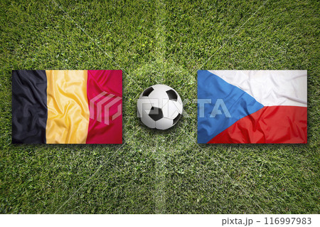 Belgium vs. Czech Republic flags on soccer field Belgium vs. Czech Republic flags on soccer field 116997983