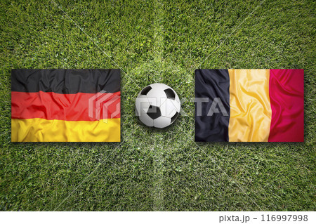 Germany vs. Belgium flags on soccer field 116997998
