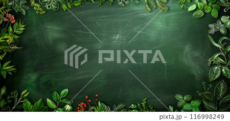 A blank chalkboard framed by a variety of lush, green leaves and red berries evokes a sense of nature and education. 116998249