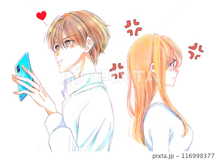 スマホを夢中で見ている男性と怒る女性 スマホを夢中で見ている男性と怒る女性 116998377