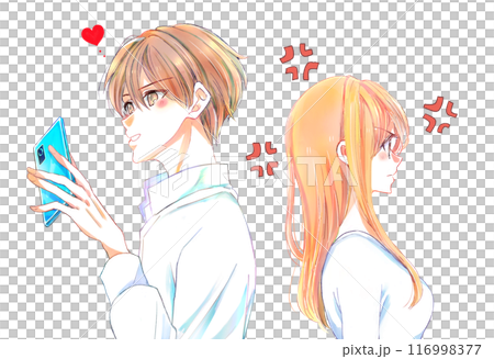 スマホを夢中で見ている男性と怒る女性 スマホを夢中で見ている男性と怒る女性 116998377