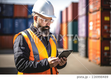 Efficient Logistics Oversight Foreman in PPE Utilizing Real-Time Technology for Cargo Management. created with Generative AI 116998489