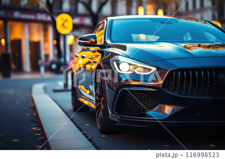 Urban Elegance in Autumn Black Luxury Car Parked Alongside City Lights on a Picturesque Byroad. created with Generative AI 116998523