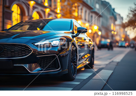 Urban Elegance in Autumn Black Luxury Car Parked Alongside City Lights on a Picturesque Byroad. created with Generative AI 116998525