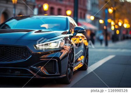 Urban Elegance in Autumn Black Luxury Car Parked Alongside City Lights on a Picturesque Byroad. created with Generative AI 116998526