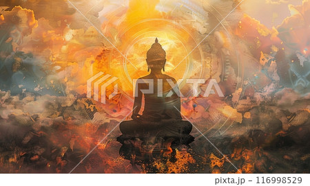 A serene Buddha silhouette meditating at sunset, surrounded by a vibrant mandala  116998529