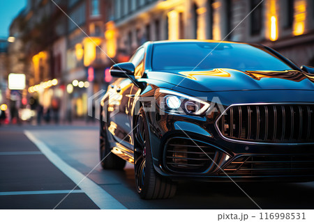 Urban Elegance in Autumn Black Luxury Car Parked Alongside City Lights on a Picturesque Byroad. created with Generative AI 116998531