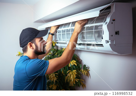 Cool Comfort Solutions HVAC Expert Installing and Repairing Air Conditioner for Quick and Effective Home Cooling. created with Generative AI 116998532