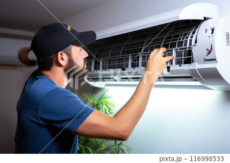 Cool Comfort Solutions HVAC Expert Installing and Repairing Air Conditioner for Quick and Effective Home Cooling. created with Generative AI 116998533