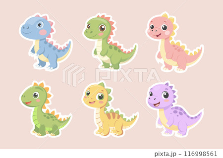 Cute Baby Dinosaurs Set. Little Cute Dinosaur Characters. Fairytale Monsters. Stickers, Badges, Prints 116998561