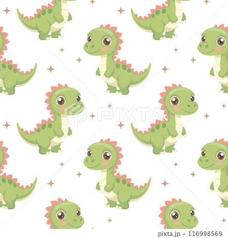 Cute dinosaurs seamless pattern. Background with dinosaurs and tropical leaves. Scandinavian design for baby clothes, shirts, fabrics, textiles. 116998569