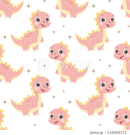 Cute dinosaurs seamless pattern. Background with dinosaurs and tropical leaves. Scandinavian design for baby clothes, shirts, fabrics, textiles. 116998572