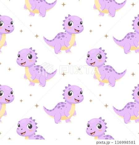 Cute dinosaurs seamless pattern. Background with dinosaurs and tropical leaves. Scandinavian design for baby clothes, shirts, fabrics, textiles. 116998581