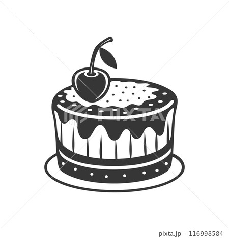 Cherry cake on white background, engraving, silhouette. Black and white illustration of dessert, pastry, food icon 116998584