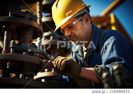 Oil Rig Maintenance Skilled Operator Performing Essential Tasks on a Sunny Day with Copy Space. created with Generative AI Oil Rig Maintenance Skilled Operator Performing Essential Tasks on a Sunny Day with Copy Space. created with Generative AI 116998635
