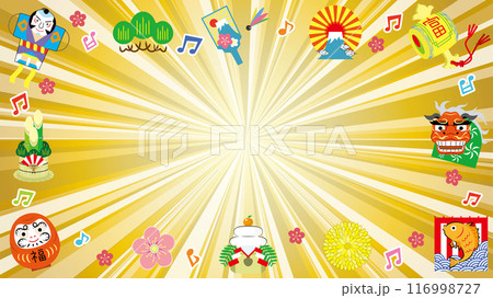 グラデーションを正月のゴールドフラッシュ(新年のオブジェクトと音符) グラデーションを正月のゴールドフラッシュ(新年のオブジェクトと音符) 116998727