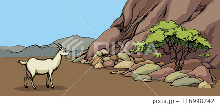 Vector landscape. Tree near a mountains 116998742