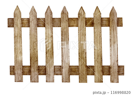 Wooden Picket Fence Rustic Wood watercolor illustration on isolated background. Drawing of countryside Outdoor farm Decor. Old boundary made of timber planks. Wooden Picket Fence Rustic Wood watercolor illustration on isolated background. Drawing of countryside Outdoor farm Decor. Old boundary made of timber planks. 116998820