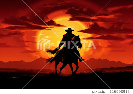 silhouette of a cowboy riding a horse at sunset 116998912