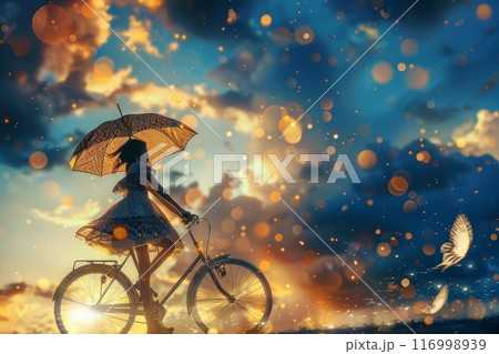 girl in a dress rides a bicycle with an umbrella 116998939