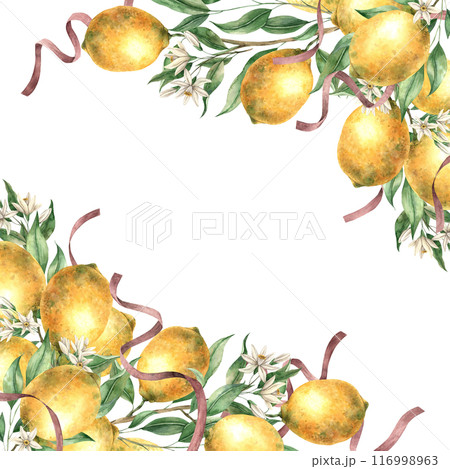 Frame of yellow lemons, leaves, flowers and burgundy silk ribbons. Isolated watercolor illustration in vintage style. Handmade composition for decoration of cards, wedding design, invitations, textile Frame of yellow lemons, leaves, flowers and burgundy silk ribbons. Isolated watercolor illustration in vintage style. Handmade composition for decoration of cards, wedding design, invitations, textile 116998963
