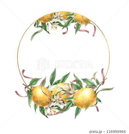 Frame of yellow lemons, green leaves, flowers and satin flax. Isolated watercolor illustration in vintage style with gold. Handmade composition for decoration of cards, wedding design, invitations. 116998968
