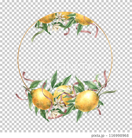 Frame of yellow lemons, green leaves, flowers and satin flax. Isolated watercolor illustration in vintage style with gold. Handmade composition for decoration of cards, wedding design, invitations. 116998968