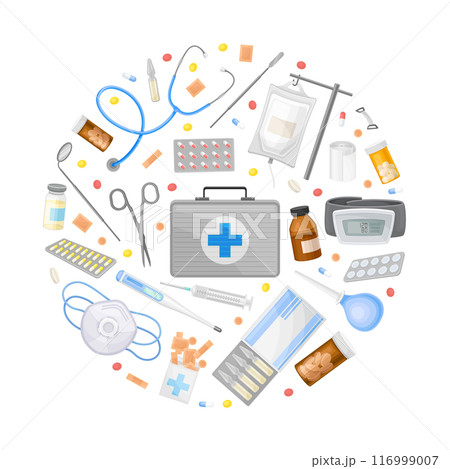 Medical Web Round Composition Design with Hospital Object Vector Template 116999007
