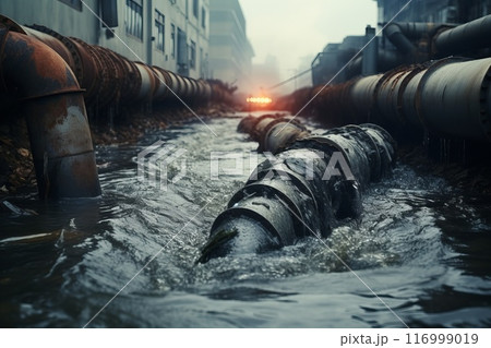 drain pipe of industrial and factory wastewater into a canal 116999019
