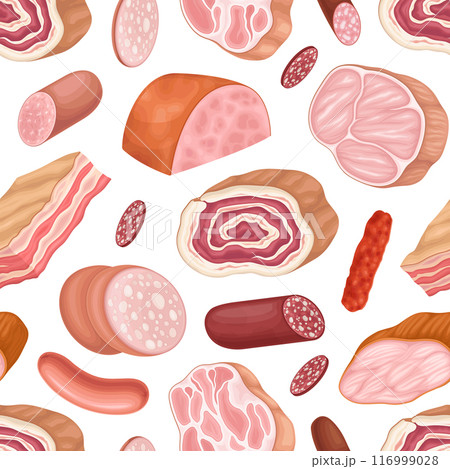 Meat Market Seamless Pattern Design with Butchery Food Vector Template 116999028