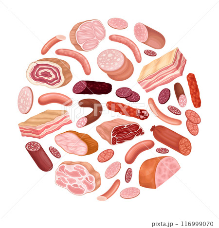 Meat Market Round Composition Design with Butchery Food Vector Template 116999070