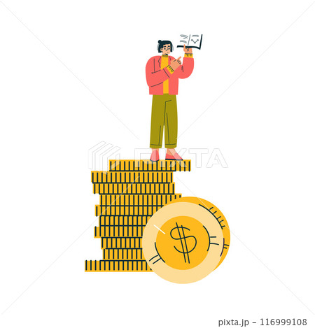 Woman Character on Golden Coins Deal with Mathematics and Finance Vector Illustration 116999108