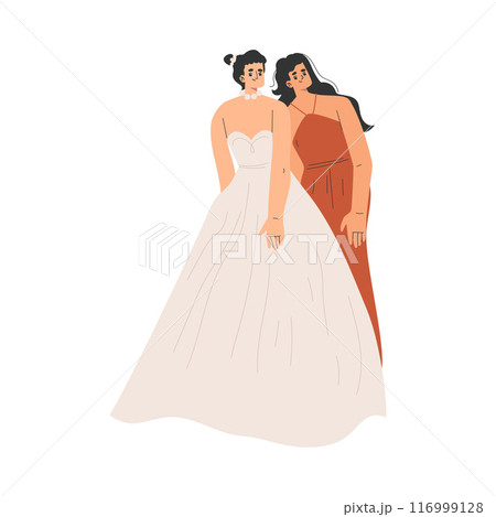 Woman Bride Character in White Wedding Dress with Bridesmaid Standing Vector Illustration 116999128