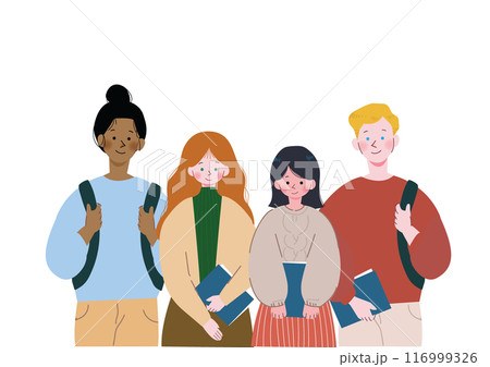 教科書を持って海外の友達と並ぶ留学生のイラスト 116999326
