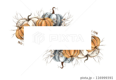 Pumpkins orange, black, white, dry branches. Hand drawn watercolor rectangular frame in autumn style. Suitable for design decoration, cards, autumn posters, Thanksgiving, Halloween, witchcraft 116999391