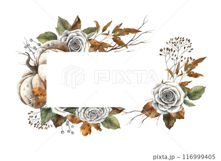 White pumpkin, vintage roses, green and dry leaves, branches and berries. Drawn watercolor rectangular frame in autumn style. For design, cards, autumn posters, Thanksgiving, Halloween, witchcraft. 116999405