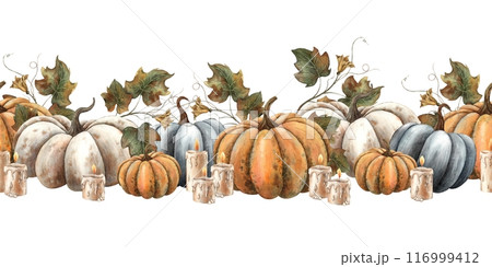 White, black and orange pumpkin with autumn leaves and wax candles with fire. Handmade watercolor seamless border. Suitable for decoration, cards, posters, Thanksgiving, Halloween, products, packaging White, black and orange pumpkin with autumn leaves and wax candles with fire. Handmade watercolor seamless border. Suitable for decoration, cards, posters, Thanksgiving, Halloween, products, packaging 116999412
