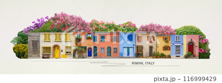 Rimini, Italy - Borgo San Giuliano typical street with low and colorful houses 116999429