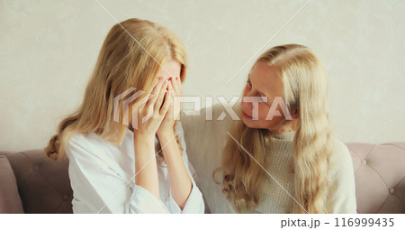 Upset offended caucasian middle aged mother or sister and adult daughter together at home Upset offended caucasian middle aged mother or sister and adult daughter together at home 116999435