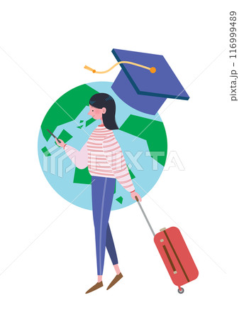 スーツケースを日ながら歩く留学へ旅立つ女性のイラスト スーツケースを日ながら歩く留学へ旅立つ女性のイラスト 116999489