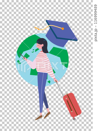 スーツケースを日ながら歩く留学へ旅立つ女性のイラスト スーツケースを日ながら歩く留学へ旅立つ女性のイラスト 116999489