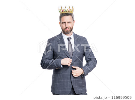 Business leader man in crown. Big boss. Business success and leadership. Successful businessman boss isolated on white. Motivation and reward. Businessman boss in suit Business leader man in crown. Big boss. Business success and leadership. Successful businessman boss isolated on white. Motivation and reward. Businessman boss in suit 116999509
