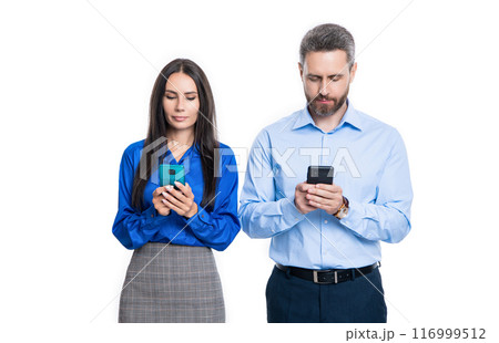 colleagues messaging isolated on white. colleagues messaging in studio. 116999512
