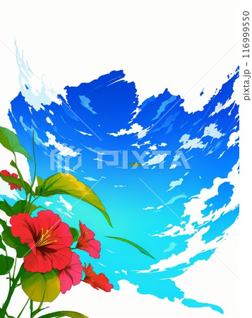 AIで生成した夏空と赤い南国の花のイラスト 116999550