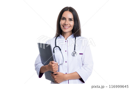 nurse with emedicine laptop in studio. photo of nurse hold laptop for emedicine wear white coat nurse with emedicine laptop in studio. photo of nurse hold laptop for emedicine wear white coat 116999645