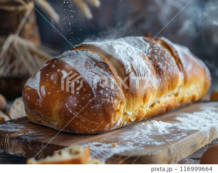 Fresh craft bread baked at home in a natural setting with flour 116999664