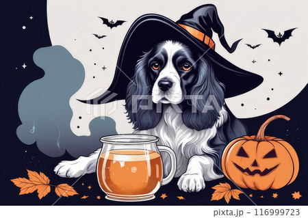 Enchanting cocker spaniel witch brewing a magical potion for Halloween. 116999723