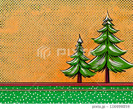もみの木のあるドット背景画像。夕焼け色の背景。AI生成画像。 116999859