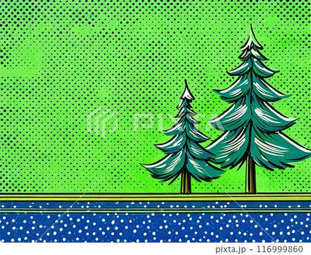もみの木のあるドット背景画像。緑色の背景。AI生成画像。 116999860